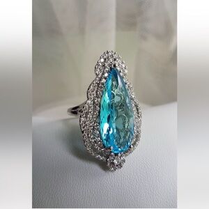 Swarovski Elements Large Sea Blue Filigree Halo Statement Ring NEW